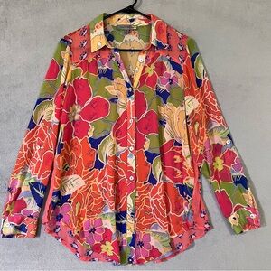 Figueroa & Flower Sheer Floral Tunic Blouse Coral Button Up Womens Sz Medium